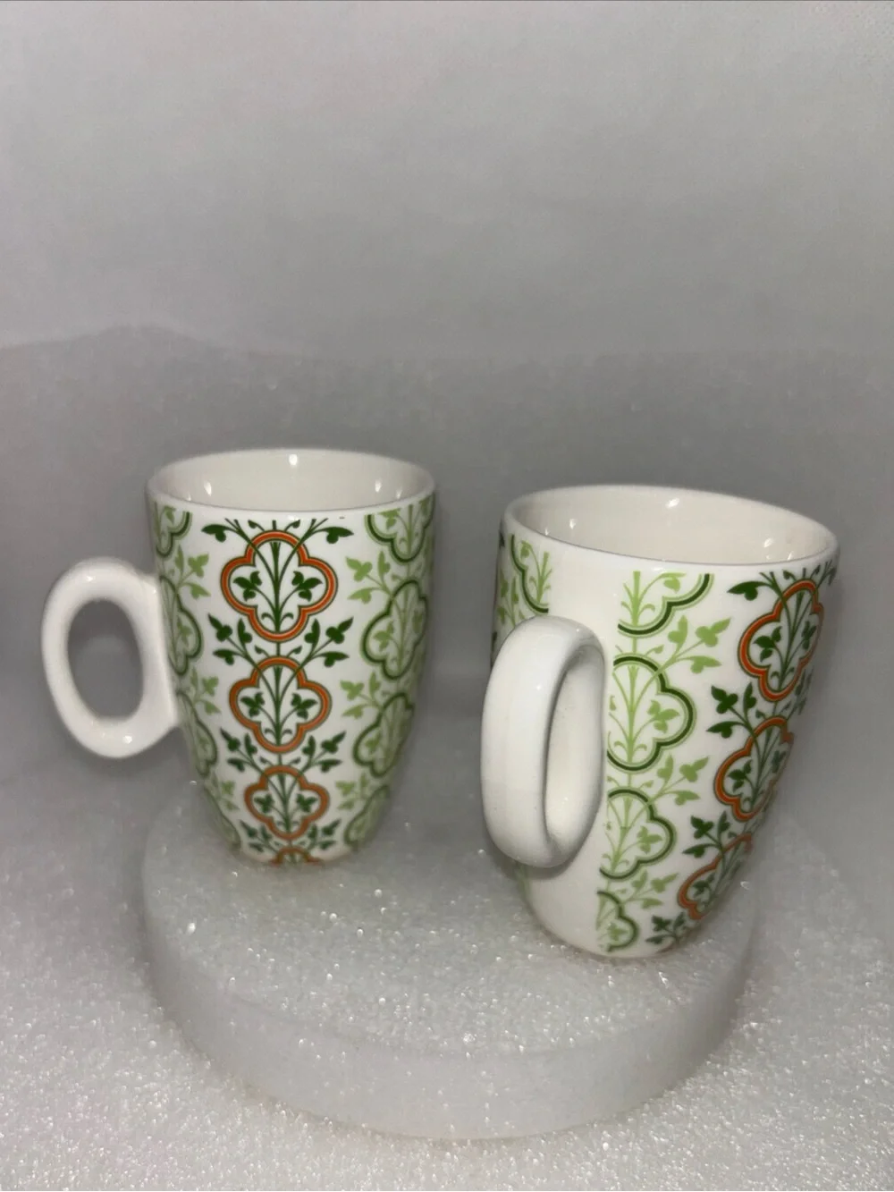 Pier 1 Imports Demitasse Cups White W/ Green & Orange Ceramic Espresso Set of 2